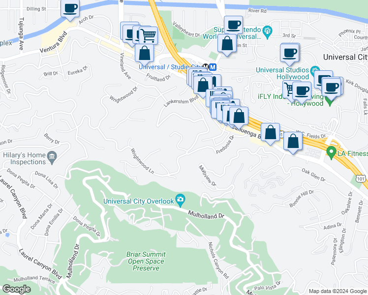 map of restaurants, bars, coffee shops, grocery stores, and more near 7709 Skyhill Drive in Los Angeles