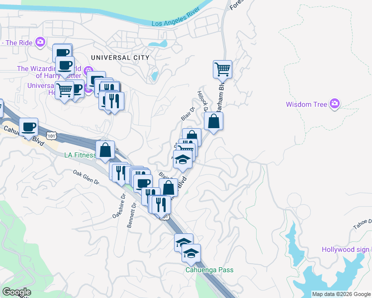 map of restaurants, bars, coffee shops, grocery stores, and more near 3260 De Witt Drive in Los Angeles