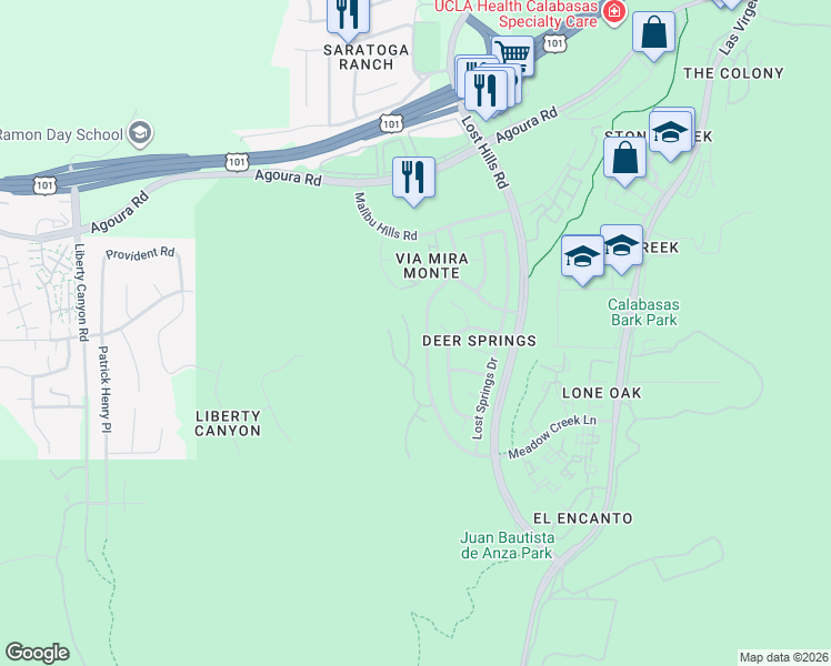 map of restaurants, bars, coffee shops, grocery stores, and more near 3938 Leighton Point Road in Calabasas