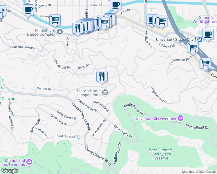 map of restaurants, bars, coffee shops, grocery stores, and more near 3380 Berry Drive in Los Angeles