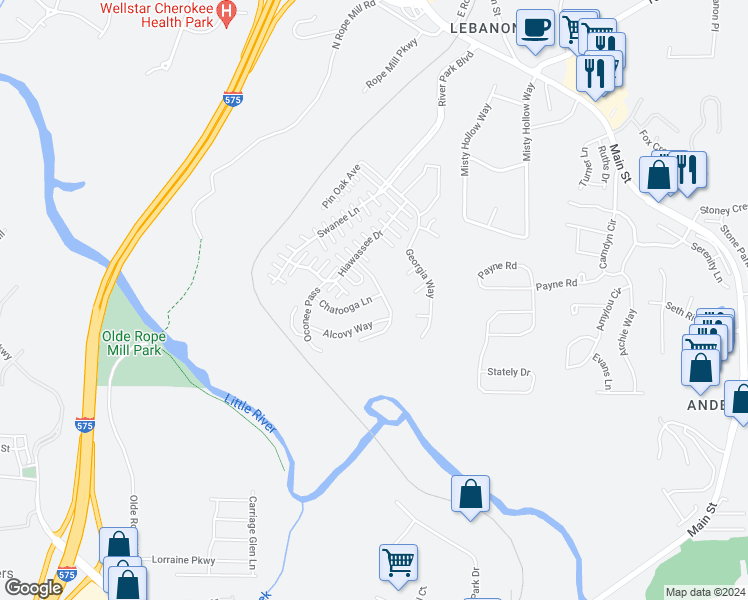 map of restaurants, bars, coffee shops, grocery stores, and more near 436 Chatooga Lane in Woodstock