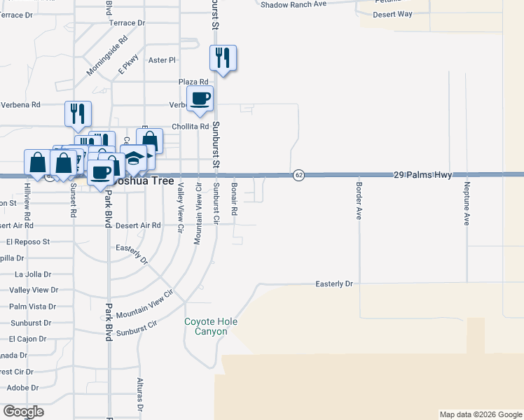 map of restaurants, bars, coffee shops, grocery stores, and more near 62005 Bonair Road in Joshua Tree