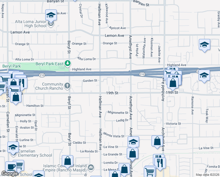 map of restaurants, bars, coffee shops, grocery stores, and more near 9356 19th Street in Rancho Cucamonga