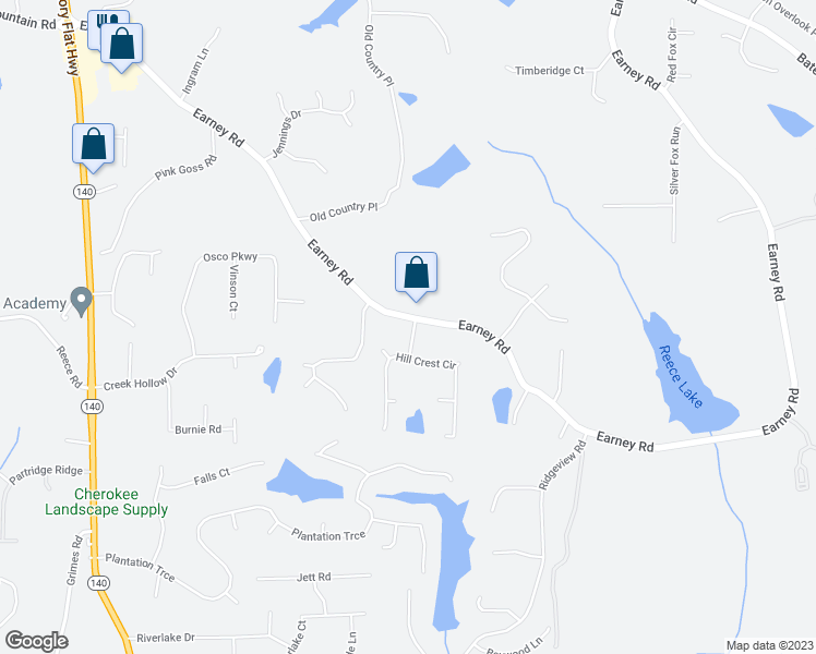 map of restaurants, bars, coffee shops, grocery stores, and more near 4255 Earney Road in Woodstock
