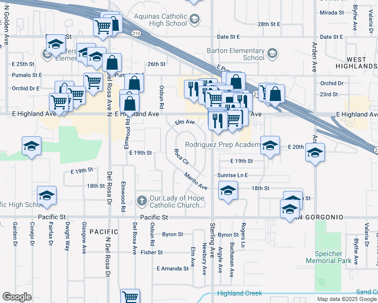 map of restaurants, bars, coffee shops, grocery stores, and more near 6641 Mitad Court in San Bernardino