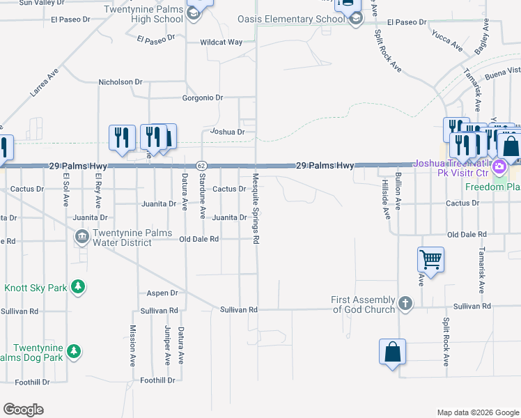 map of restaurants, bars, coffee shops, grocery stores, and more near 72898 Juanita Drive in Twentynine Palms