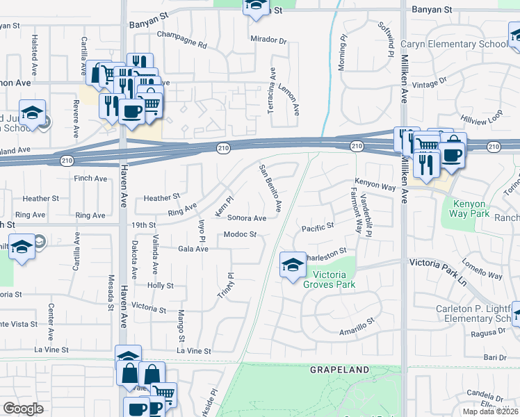 map of restaurants, bars, coffee shops, grocery stores, and more near 6654 Ventura Place in Rancho Cucamonga