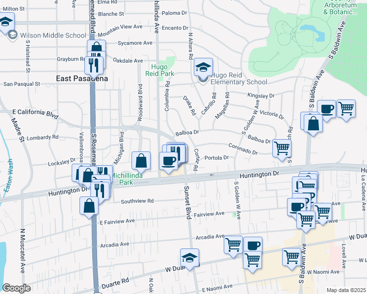 map of restaurants, bars, coffee shops, grocery stores, and more near 630 Sunset Boulevard in Arcadia