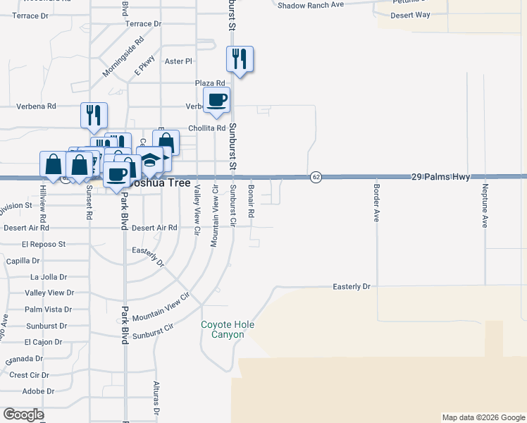 map of restaurants, bars, coffee shops, grocery stores, and more near 62085 Bonair Road in Joshua Tree