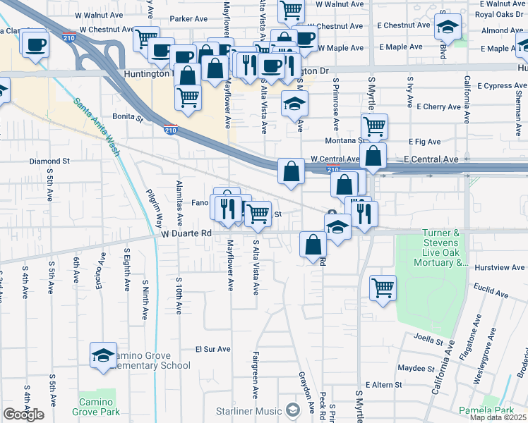 map of restaurants, bars, coffee shops, grocery stores, and more near 345 Genoa Street in Monrovia