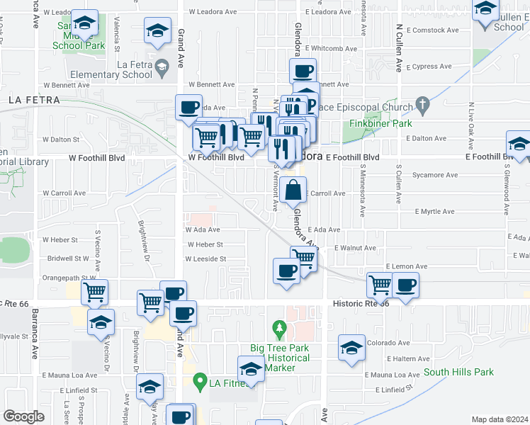 map of restaurants, bars, coffee shops, grocery stores, and more near 273 South Vermont Avenue in Glendora