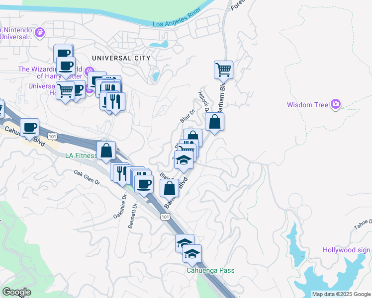 map of restaurants, bars, coffee shops, grocery stores, and more near 3260 De Witt Drive in Los Angeles