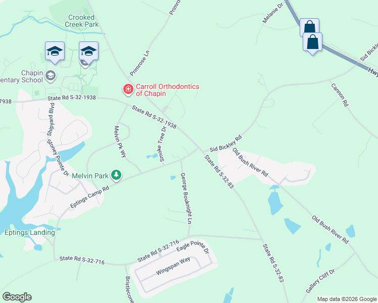 map of restaurants, bars, coffee shops, grocery stores, and more near 124 Fairview Park Drive in Chapin