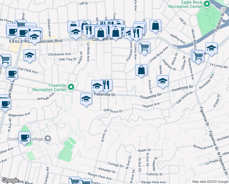 map of restaurants, bars, coffee shops, grocery stores, and more near 1591 Yosemite Drive in Los Angeles