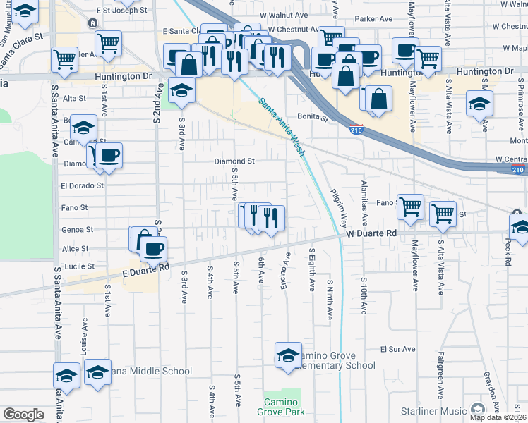 map of restaurants, bars, coffee shops, grocery stores, and more near 922 El Dorado Street in Monrovia