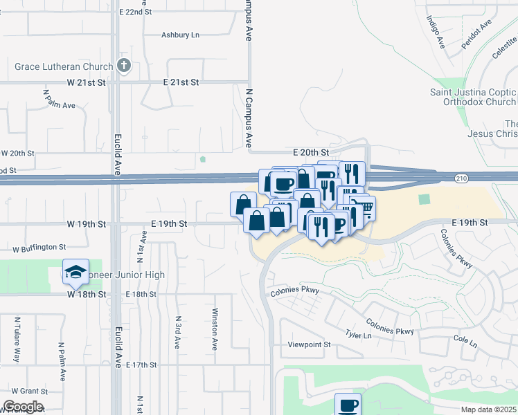 map of restaurants, bars, coffee shops, grocery stores, and more near 1923 North Campus Avenue in Upland