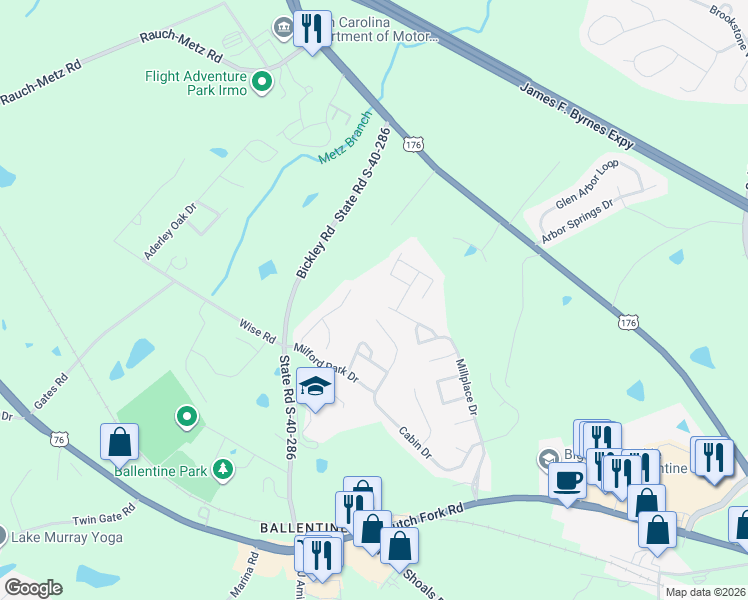 map of restaurants, bars, coffee shops, grocery stores, and more near 226 Blue Mountain Drive in Irmo