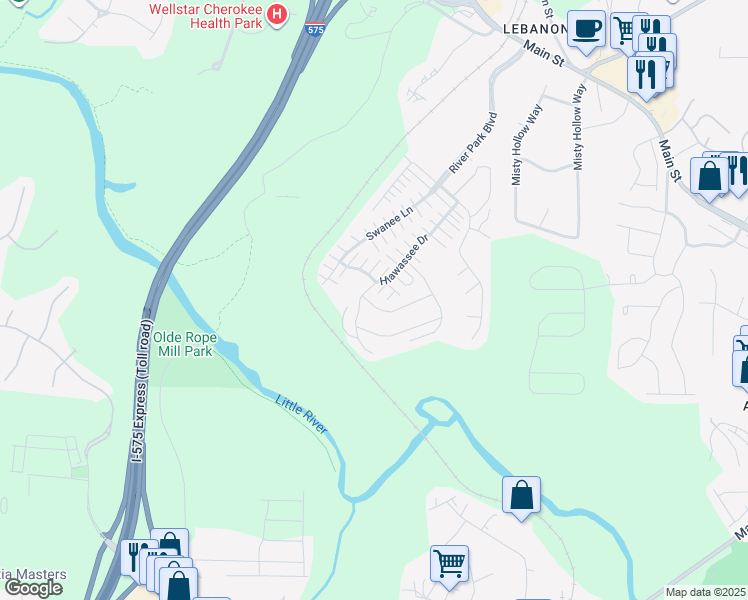 map of restaurants, bars, coffee shops, grocery stores, and more near 405 Chatooga Lane in Woodstock