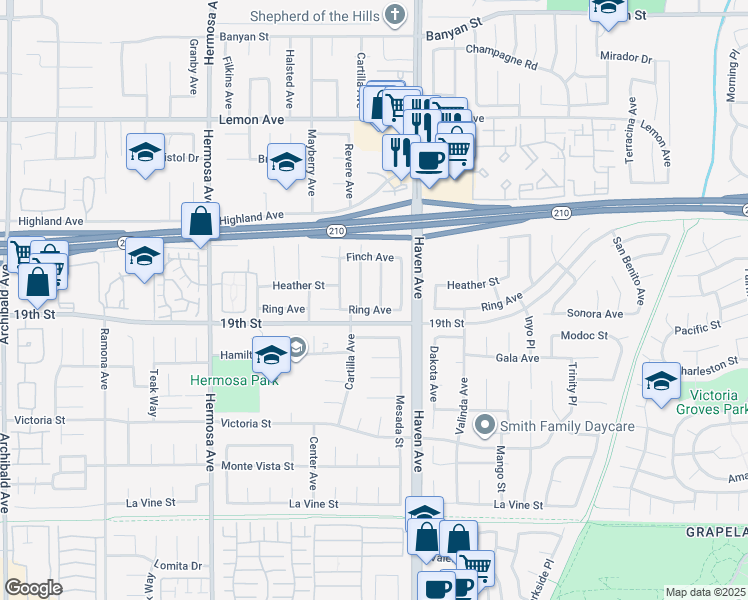 map of restaurants, bars, coffee shops, grocery stores, and more near 6652 Marine Avenue in Rancho Cucamonga