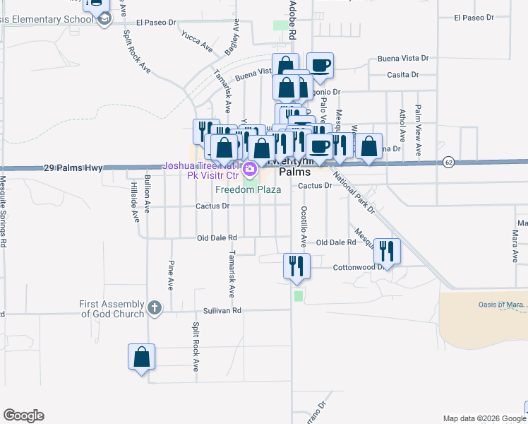 map of restaurants, bars, coffee shops, grocery stores, and more near 6627 Smoketree Avenue in Twentynine Palms