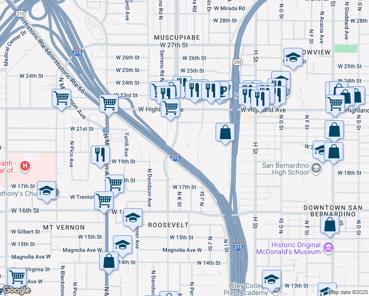 map of restaurants, bars, coffee shops, grocery stores, and more near North Massachusetts Avenue in San Bernardino