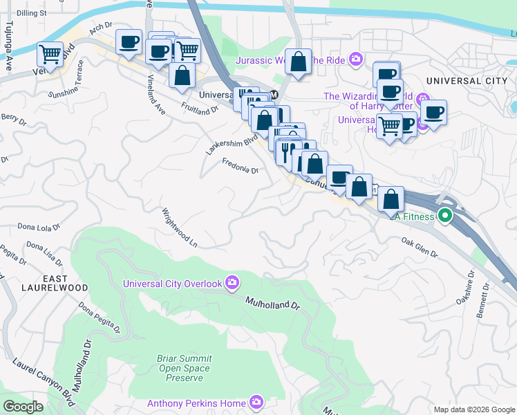 map of restaurants, bars, coffee shops, grocery stores, and more near 3754 Fredonia Drive in Los Angeles