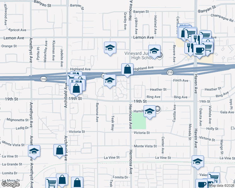 map of restaurants, bars, coffee shops, grocery stores, and more near 6655 Canary Pine Avenue in Rancho Cucamonga