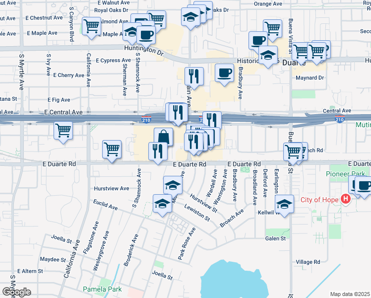 map of restaurants, bars, coffee shops, grocery stores, and more near 625 Mountain Avenue in Duarte