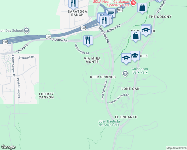 map of restaurants, bars, coffee shops, grocery stores, and more near 26935 Deerweed Trail in Agoura Hills