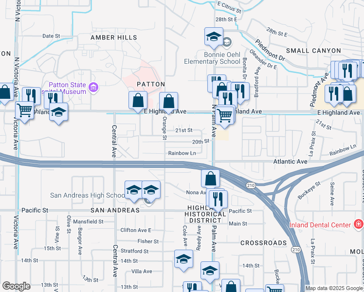map of restaurants, bars, coffee shops, grocery stores, and more near 3471 20th Street in Highland