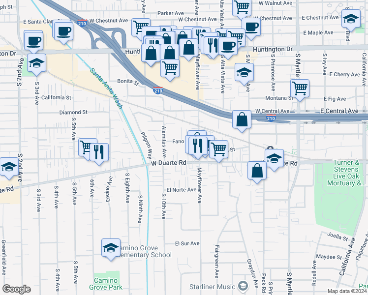map of restaurants, bars, coffee shops, grocery stores, and more near 530 Fano Street in Monrovia