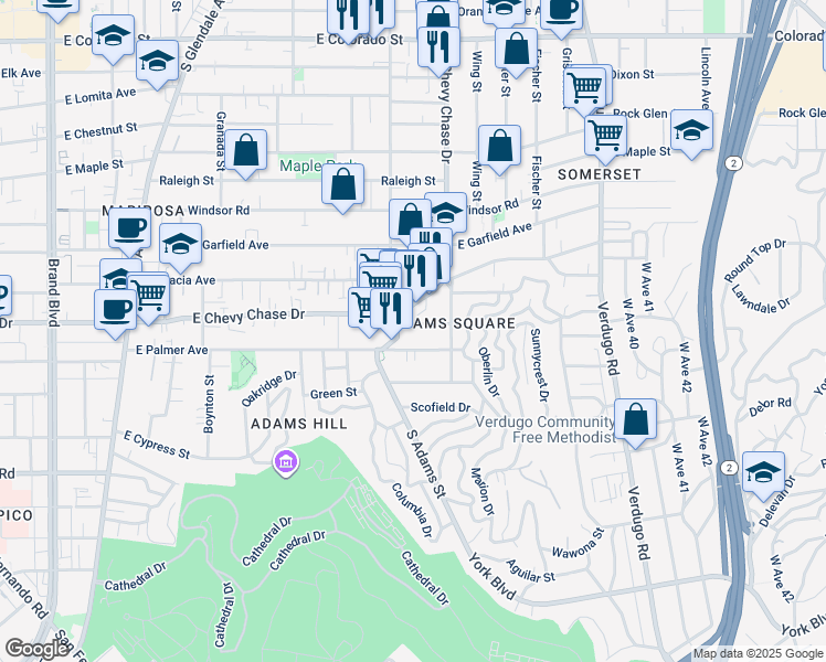 map of restaurants, bars, coffee shops, grocery stores, and more near in Glendale