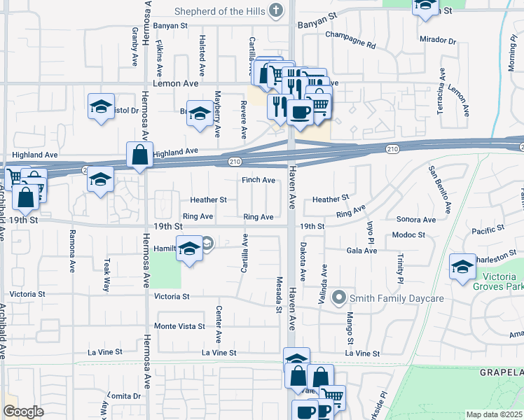 map of restaurants, bars, coffee shops, grocery stores, and more near 6652 Marine Avenue in Rancho Cucamonga