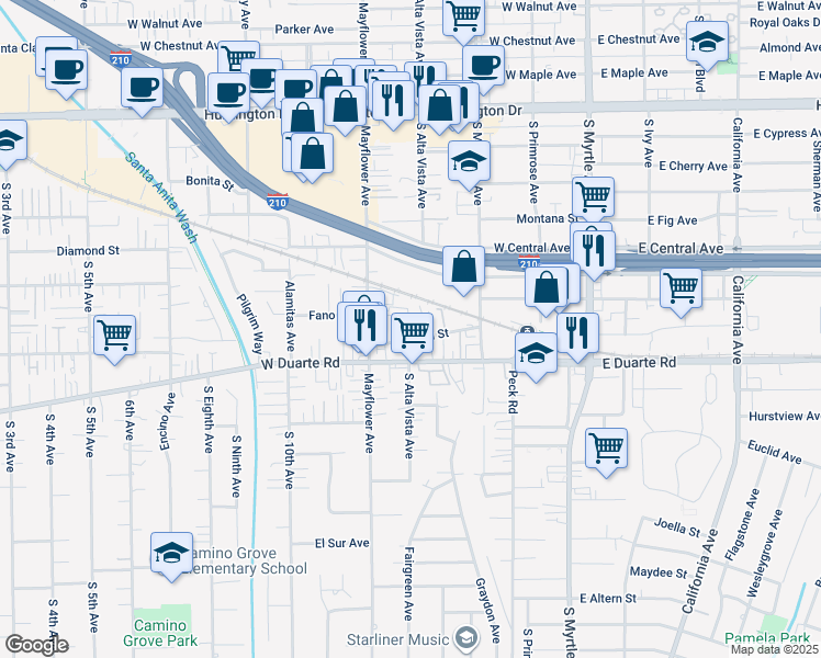 map of restaurants, bars, coffee shops, grocery stores, and more near 1622 Mayflower Avenue in Monrovia