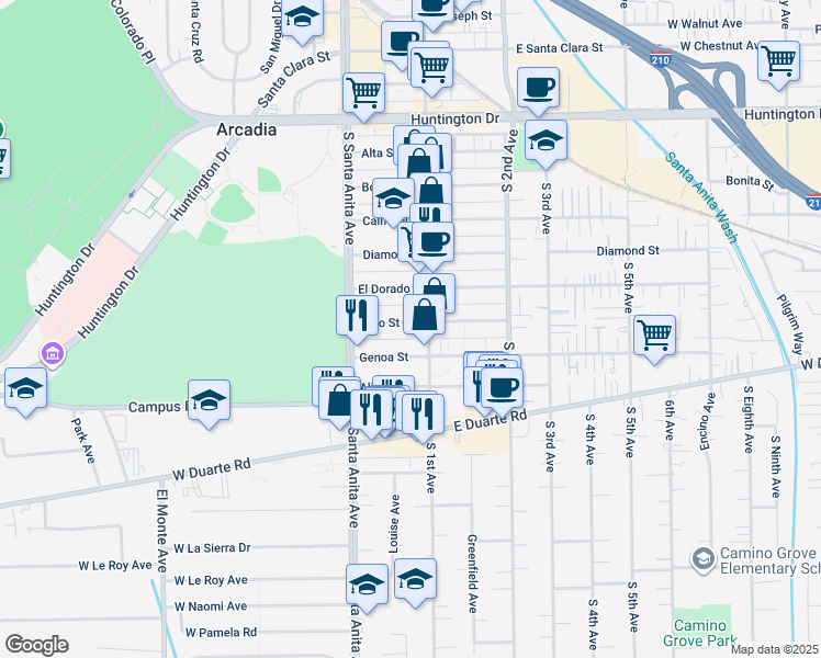 map of restaurants, bars, coffee shops, grocery stores, and more near 54 Fano Street in Arcadia