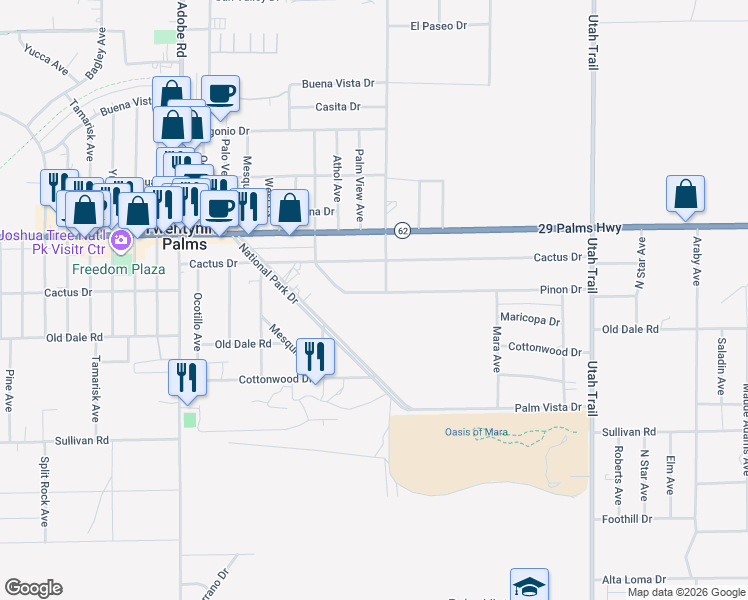 map of restaurants, bars, coffee shops, grocery stores, and more near 74077 Pinon Drive in Twentynine Palms