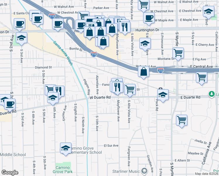 map of restaurants, bars, coffee shops, grocery stores, and more near 530 Fano Street in Monrovia