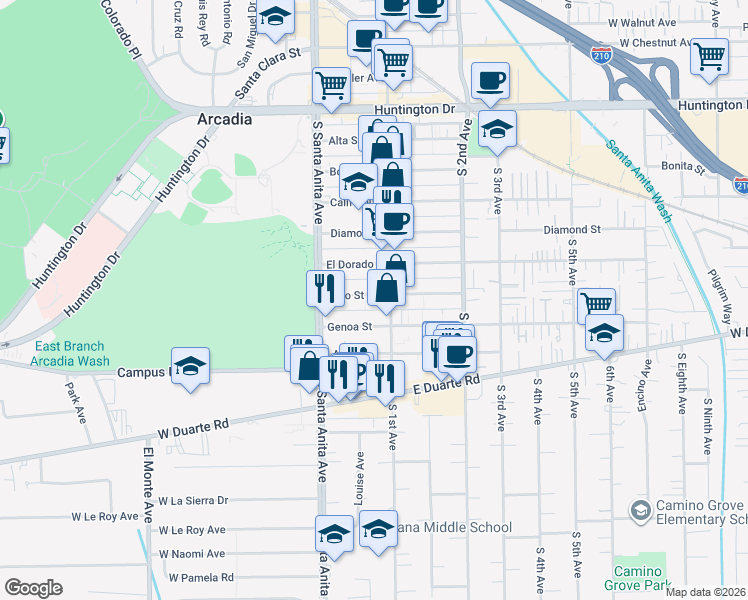 map of restaurants, bars, coffee shops, grocery stores, and more near 54 Fano Street in Arcadia