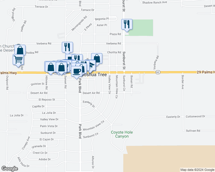map of restaurants, bars, coffee shops, grocery stores, and more near 62044 Valley View Circle in Joshua Tree