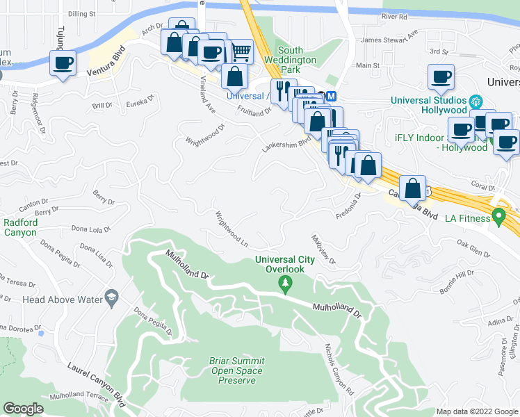 map of restaurants, bars, coffee shops, grocery stores, and more near 10803 Alta View Drive in Los Angeles
