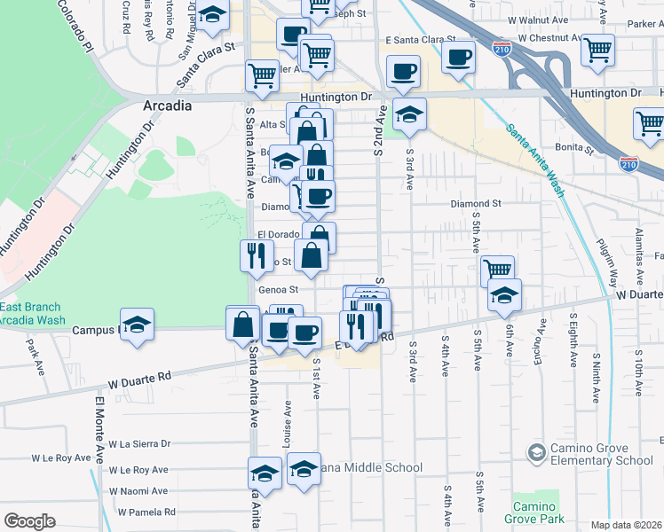 map of restaurants, bars, coffee shops, grocery stores, and more near 115 Fano Street in Arcadia