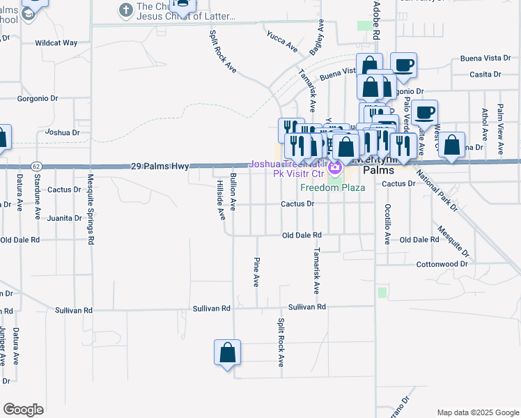 map of restaurants, bars, coffee shops, grocery stores, and more near 6616 Oasis Avenue in Twentynine Palms