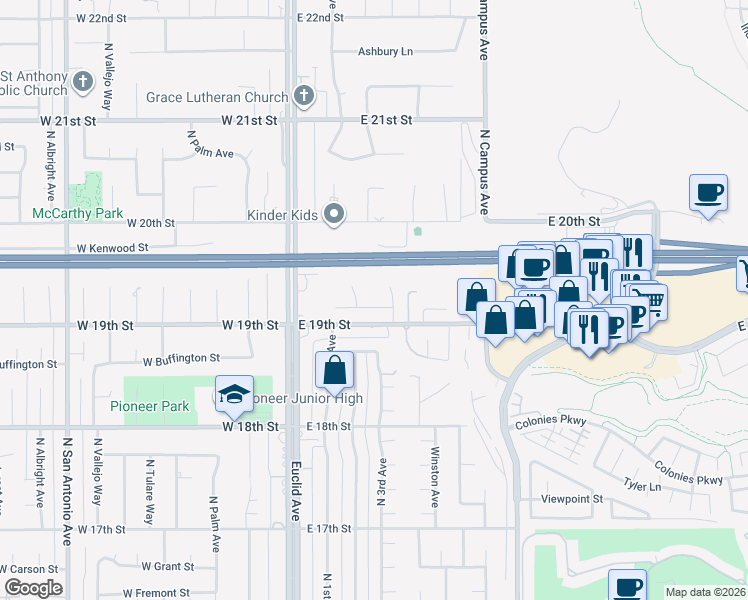 map of restaurants, bars, coffee shops, grocery stores, and more near 251 Miramar Street in Upland