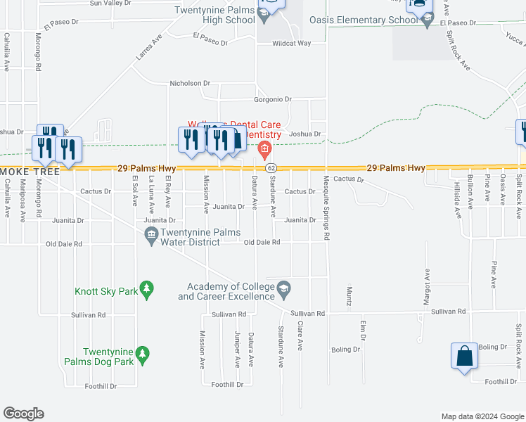 map of restaurants, bars, coffee shops, grocery stores, and more near 72725 Twentynine Palms Highway in Twentynine Palms