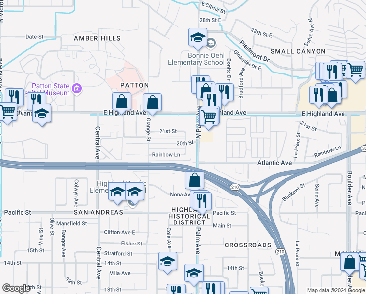 map of restaurants, bars, coffee shops, grocery stores, and more near 3539 21st Street in Highland