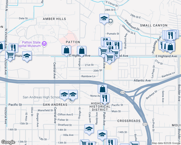map of restaurants, bars, coffee shops, grocery stores, and more near 3475 21st Street in Highland
