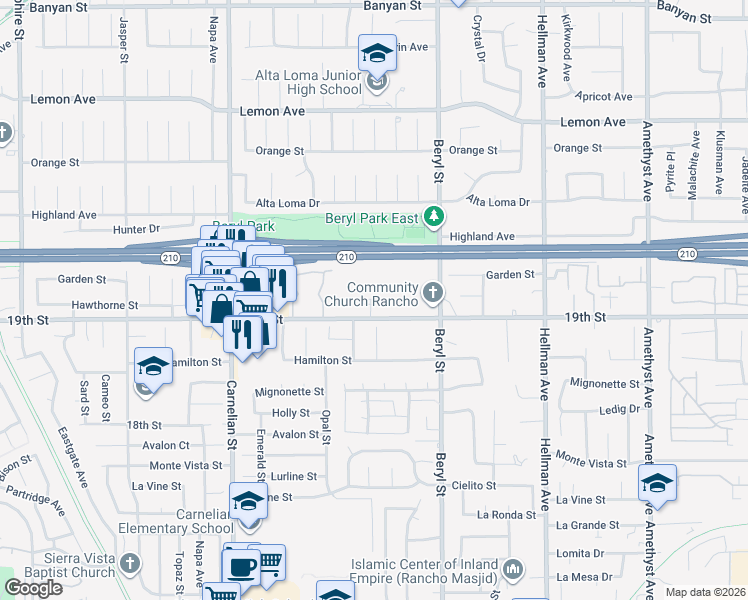 map of restaurants, bars, coffee shops, grocery stores, and more near 8890 19th Street in Rancho Cucamonga