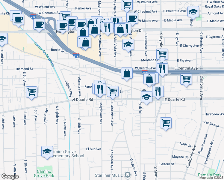 map of restaurants, bars, coffee shops, grocery stores, and more near 1622 Mayflower Avenue in Monrovia