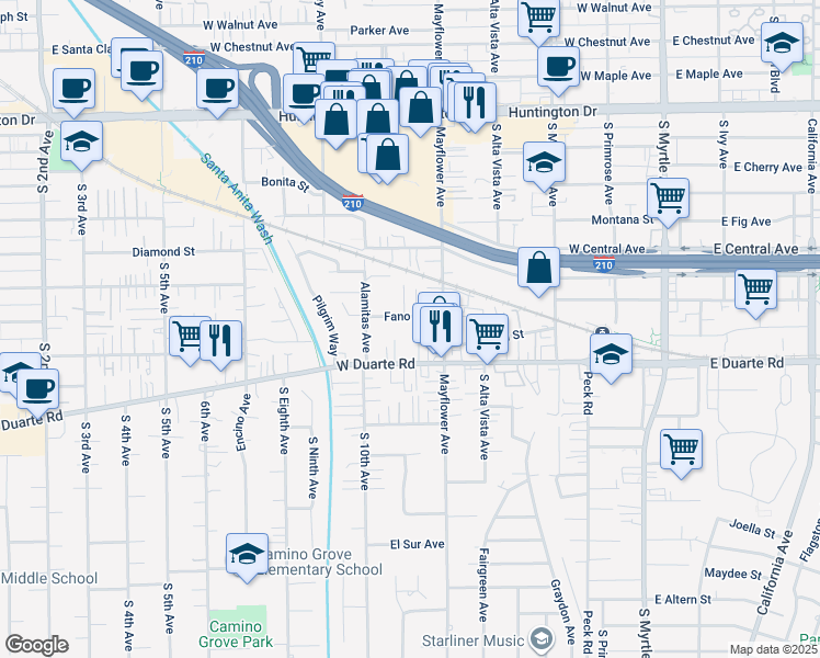 map of restaurants, bars, coffee shops, grocery stores, and more near 1620 Radford Place in Monrovia