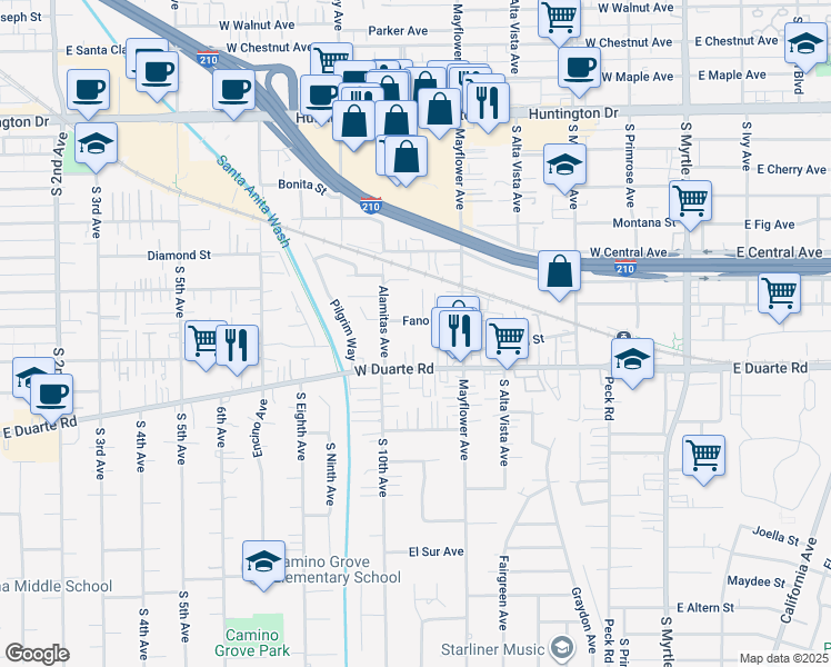 map of restaurants, bars, coffee shops, grocery stores, and more near 1620 Radford Place in Monrovia